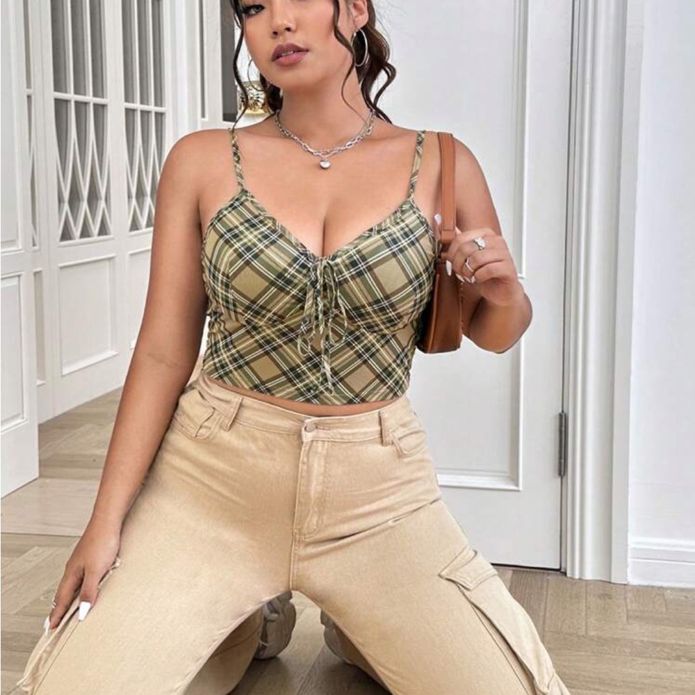 Plaid print knot front mesh cami top - Picture 8 of 11